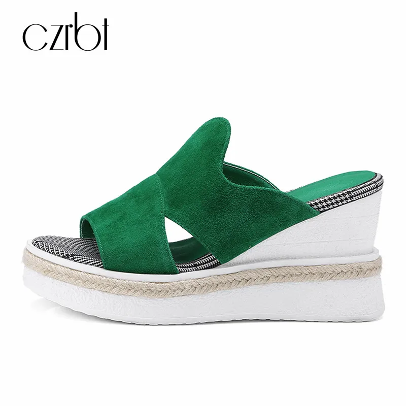 

CZRBT Platform Slippers Summer Women Shoes Flip Flops Woman Natural Suede Wedges Heel Sandals Ladies Comfortable Outside Slides