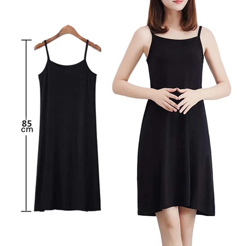 Women Solid Color Dress Camisole Spaghetti Strap Long Tank Top Slip Mini Dress