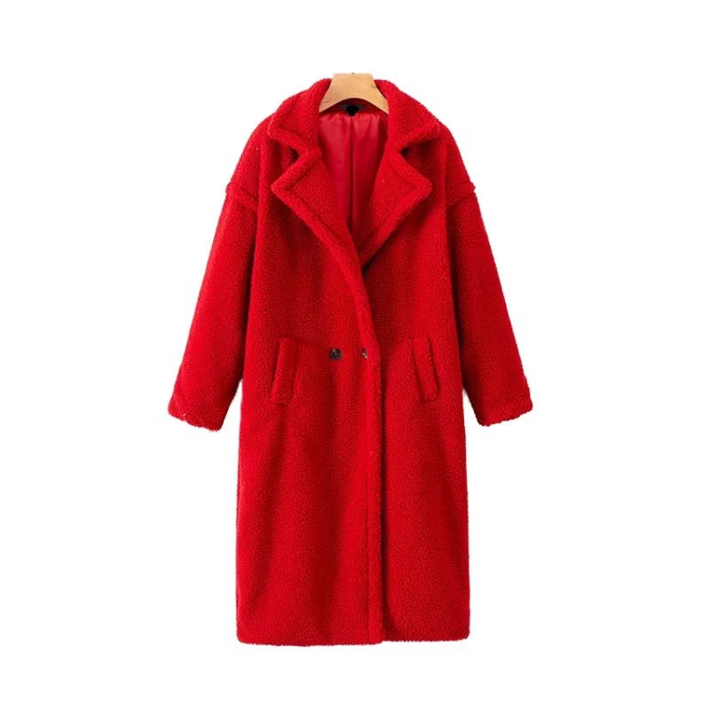 Розовая Женская куртка из искусственного меха, толстое теплое длинное пальто, зимняя двубортная верхняя одежда с карманами и длинным рукавом, Повседневная Уличная одежда - Цвет: Красный