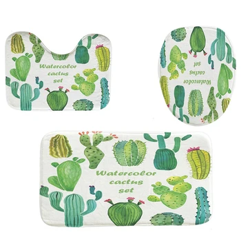 

4Pcs Home Bathroom Decor Set Watercolor Cactus Pattern Toilet Seat Cover Bath Mat Set + Waterproof Shower Curtain
