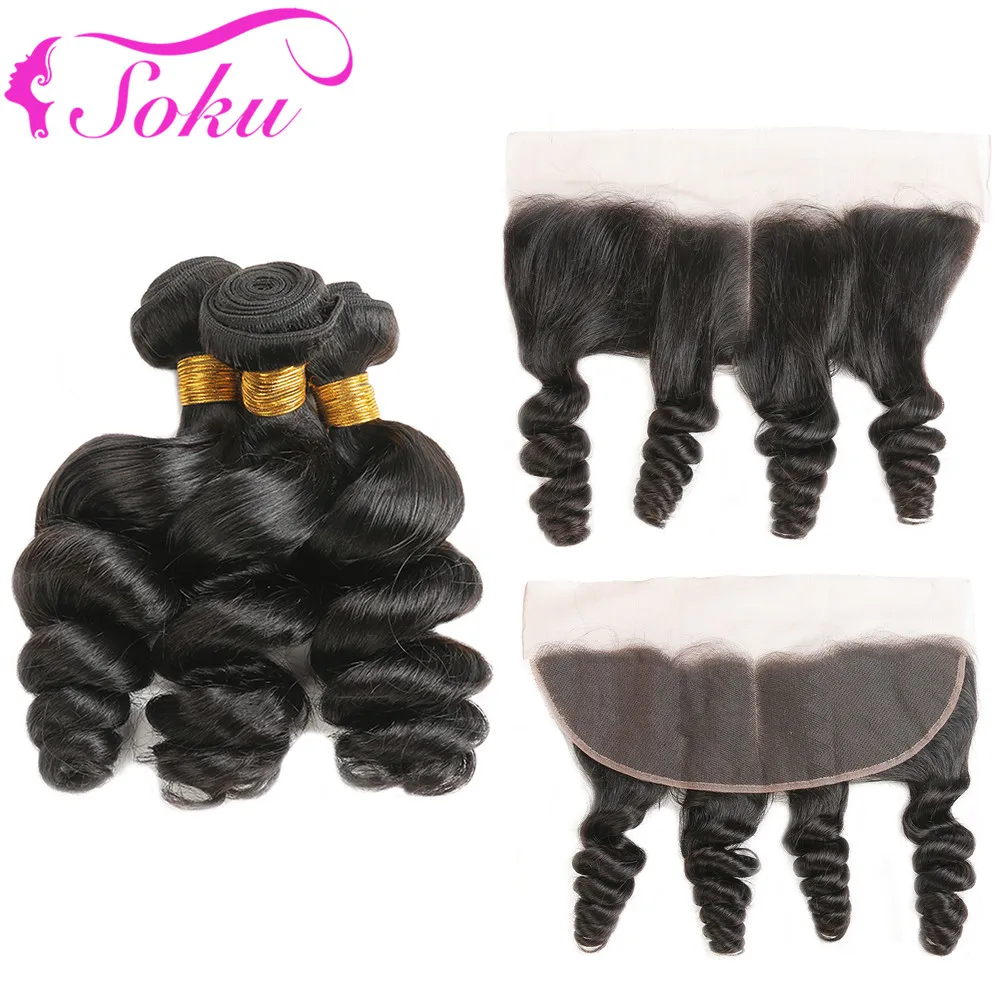 

Loose Wave Human Hair 3 Bundles With Frontal 13*4 Ear To Ear Natural Color Brazilian Non-Remy Hair Weaves Bundles SOKU