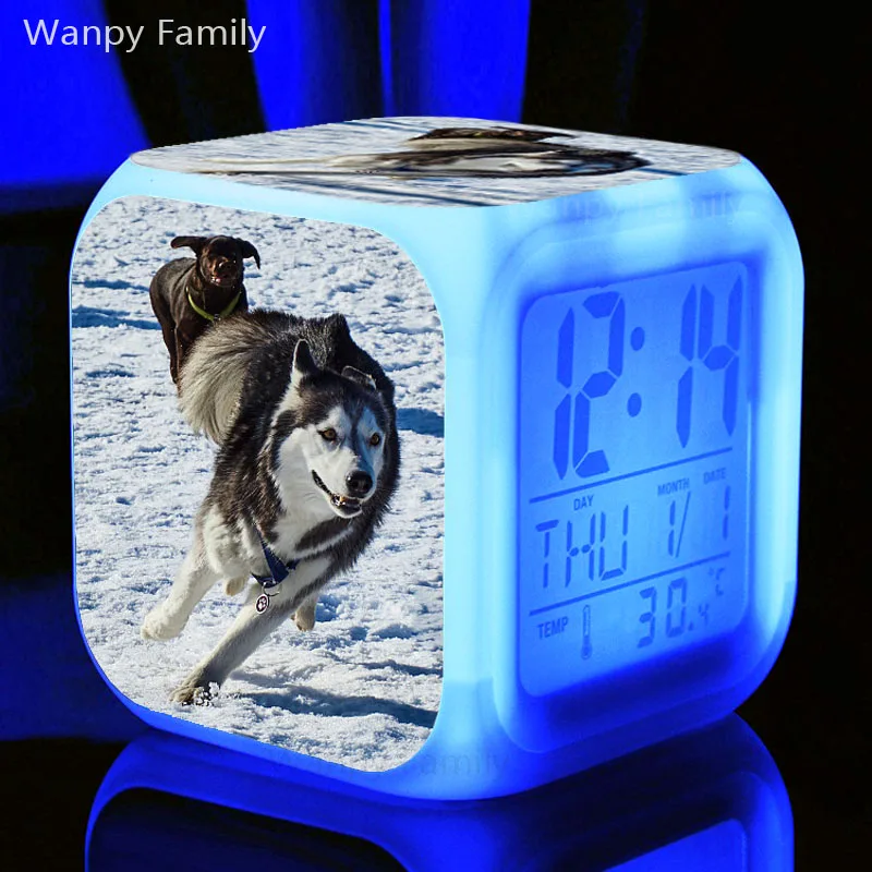 Очень милый светодиодный будильник Husky Dog 7 цветов, светящийся цифровой будильник для детской комнаты, ночной светильник, электронные часы