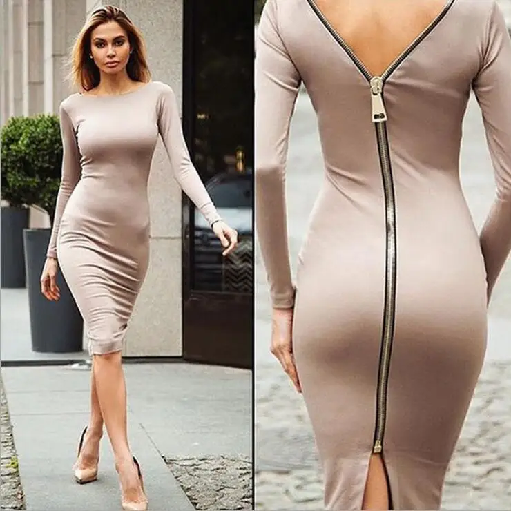 Women V-neck Long Sleeve Bodycon Pencil Dress Split Slim Autumn