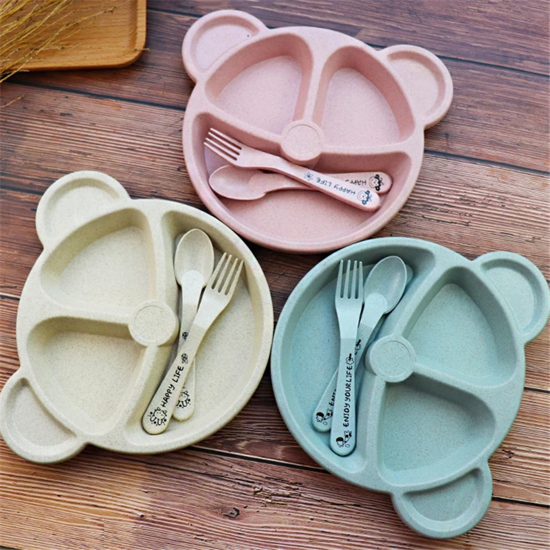 3Pcs Dishes Baby Plate Cartoon Bear Kids Plate Set Bowl Spoon Fork Baby