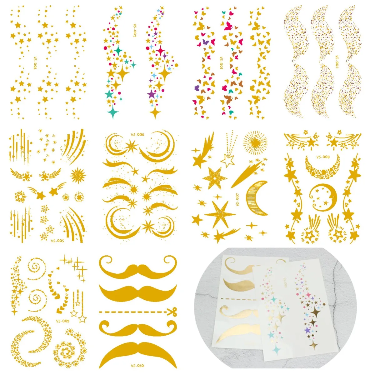 10pcs Gold Face Tattoos Bronzing Flash Tattoo Temporary Blocked Freckles Makeup Body Art Stickers Eye Decals Bride Tribe Party | Красота и