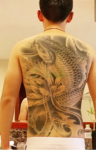 385 Autocollant De Tatouage Temporaire étanche Noir Koi Lotus Grand Dos Entier Tattos Transfert Deau Faux Flash Tatoo Pour Femmes Homme In