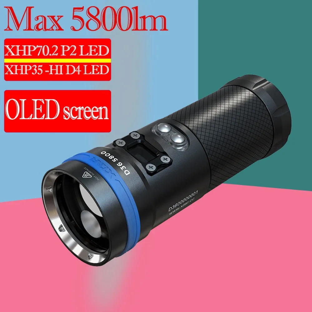 

XTAR D36 Diving Flashlight CREE XHP70.2 XHP35 HI OLED Screen max 5800 lumen underwater 215M diving torch with battery adapter