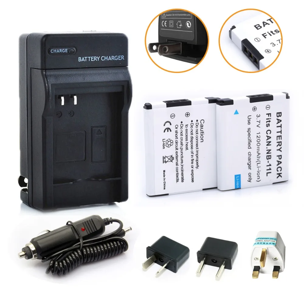 

2-Pack NB-11L 1000mAh Battery + Charger + Plug Adapter for Canon PowerShot A2300 A2400 A2500 A2600 A3400 A3500 A4000 110 115 HS