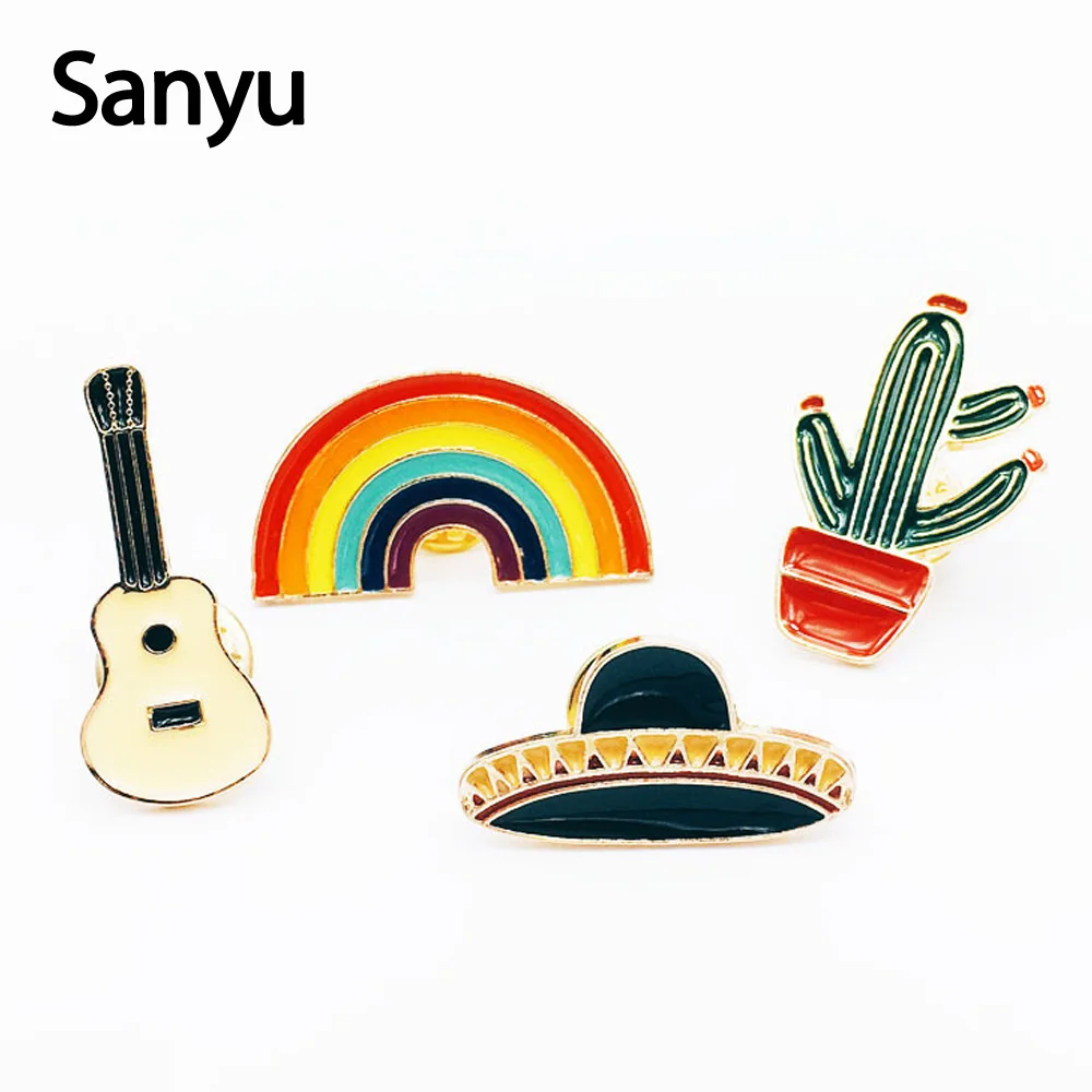

New Korean Version Mini Rainbow Guitar Hats Potting Drip Brooch Pins for Women Girl Fashion Lovely Colorful Decorate Brooch Pins