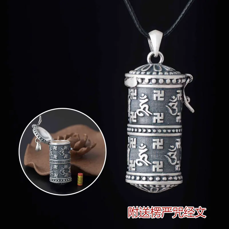 Retro Genuine Sterling Silver Pendant Necklace Six Word Male Female Cremation Urn Magic Amulet Pendant Kwu Box Mantras Pendant