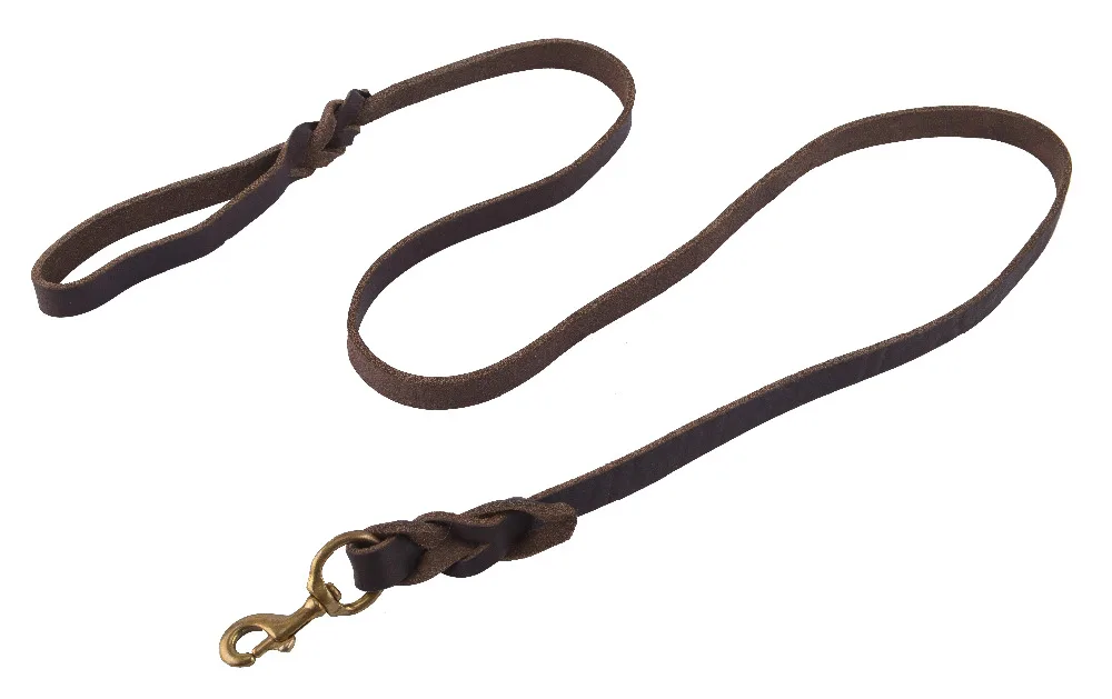 Brown Genuine Leather Dog Leash Double Handle for Training and Walking