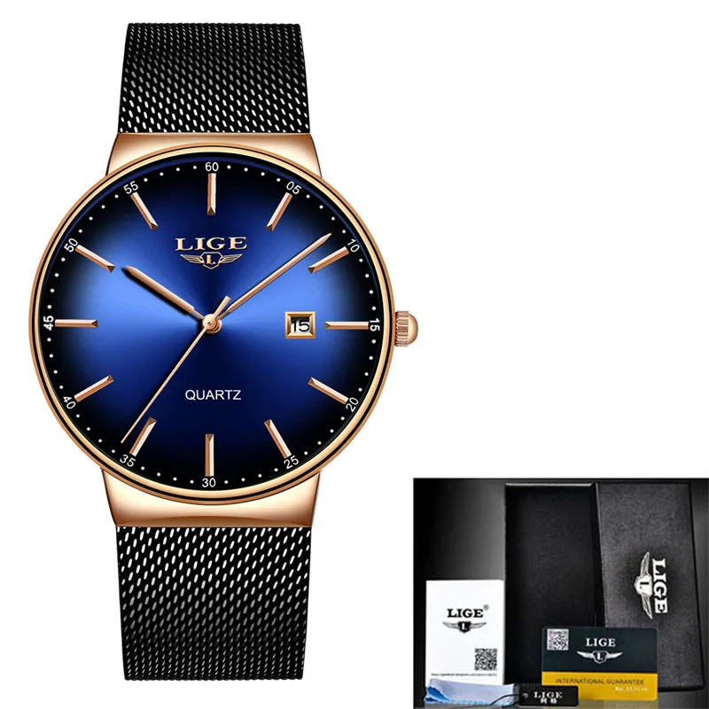 LIGE Мужские часы от ведущего бренда, роскошные черные кварцевые мужские часы, Прямая поставка, сетчатый ремешок, повседневные спортивные мужские часы, мужские часы+ коробка - Цвет: M Rose Gold Blue