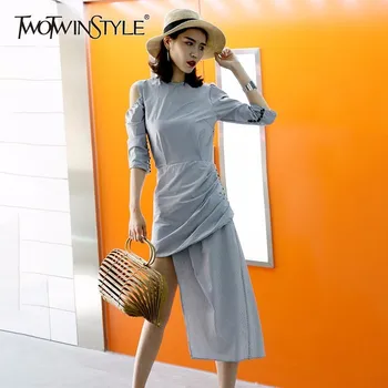 

TWOTWINSTYLE Sexy Striped Off Shoulder Summer Dresses For Women Half Sleeve Asymmetrical Party Dress Female Fashion Casual 2020