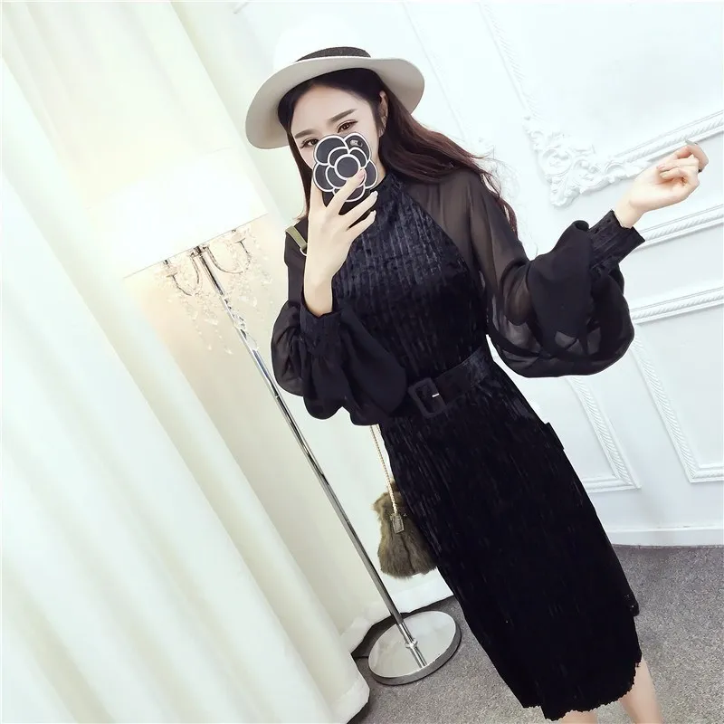 

2018 Autumn Fashion Pleated Lanterns Sleeve Chiffon Patchwork Dresses Mid-Calf Vintage Sashes Velvet Dress