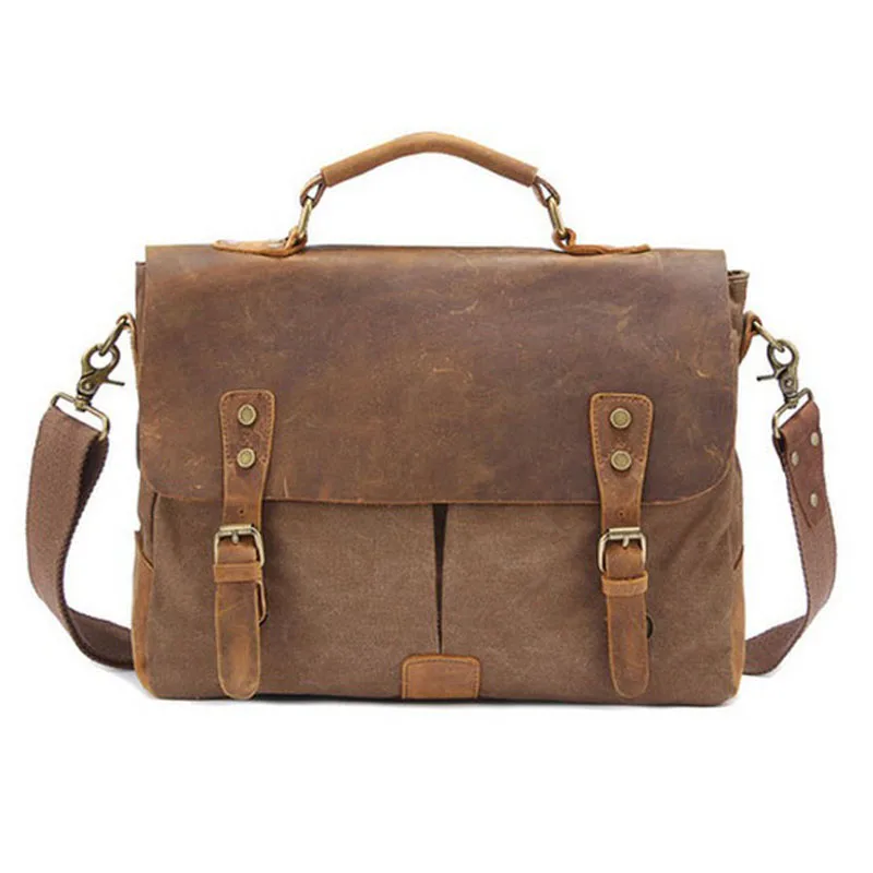 الفاخرة رجل حقيبة حقيبة الكتف Crossbody أكياس العسكرية قماش + جلد طبيعي حقيبة ساعي خليط يد المدرسة حمل