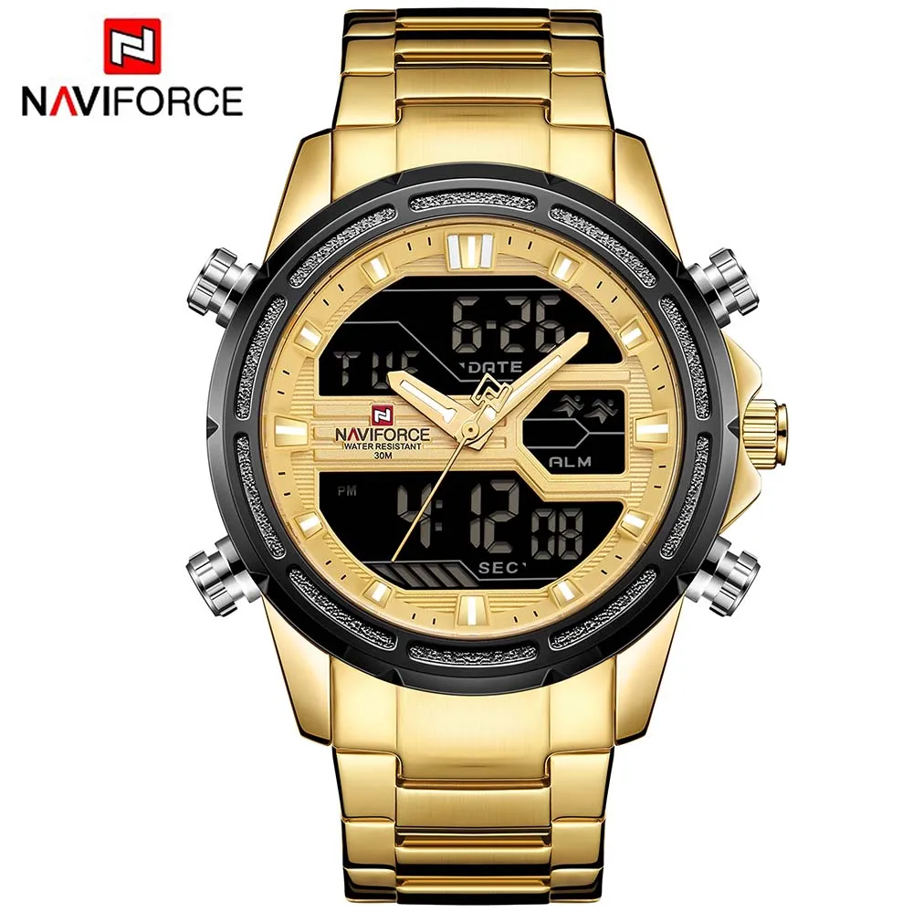 NAVIFORCE 9138 S Роскошные Брендовые мужские часы, модные спортивные часы, мужские водонепроницаемые кварцевые мужские военные наручные часы из нержавеющей стали - Цвет: Gold