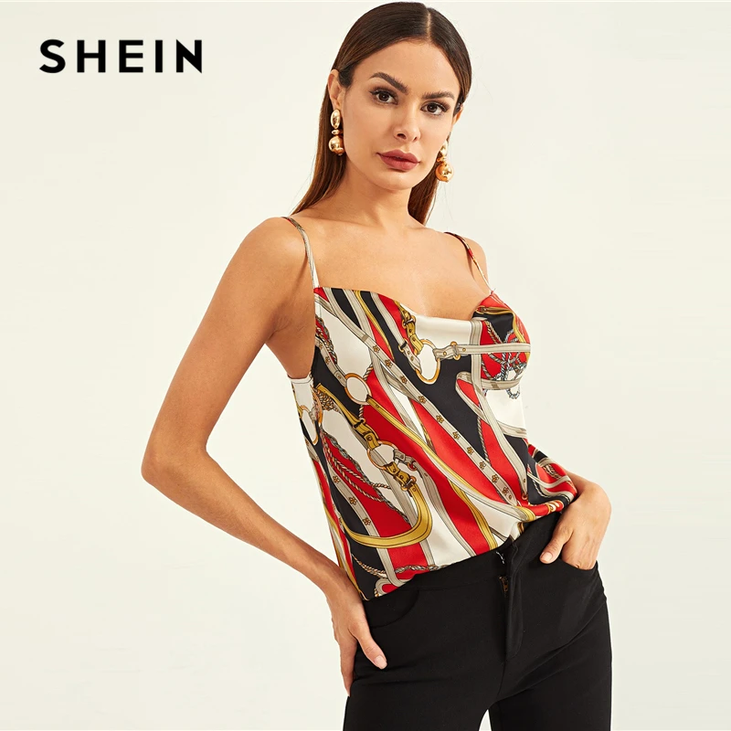 

SHEIN Mixed Print Halterneck Top Slim Fit Sexy Party Vests Halter Women Autumn Casual Elegant Stretchy Modern Lady Tank