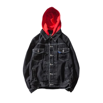 

2017 Mens Denim Jacket Hooded Jean Jacket Mens Spring Jacket and Coat Black and Blue