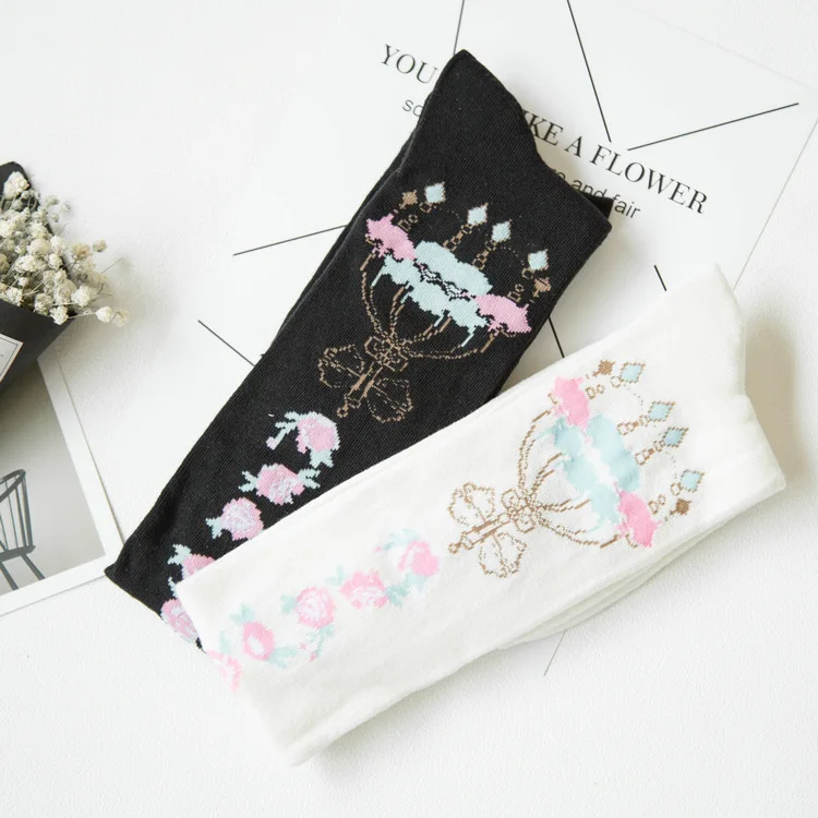 

Princess sweet lolita stockings vintage royal pattern cage rose flower black white cos cottonstockings over the knee high QSR01