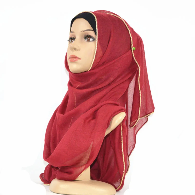 W3 сплошной хиджаб шарф золотые бусины мусульманские хлопковые шарфы с изображением цепи Простой палантин шаль Макси модная головная повязка длинные шарфы 180*80 см - Цвет: 5