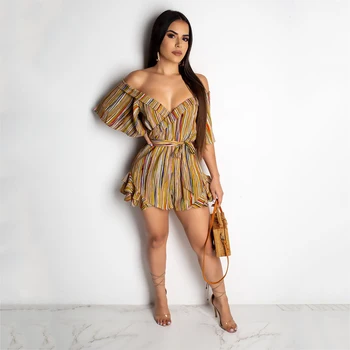 

Striped Print Flare Sleeve Bodycon Playsuit Summer Beach Party Elegant Off Shoulder Ruffles Rompers Women jumpsuit With Sashes