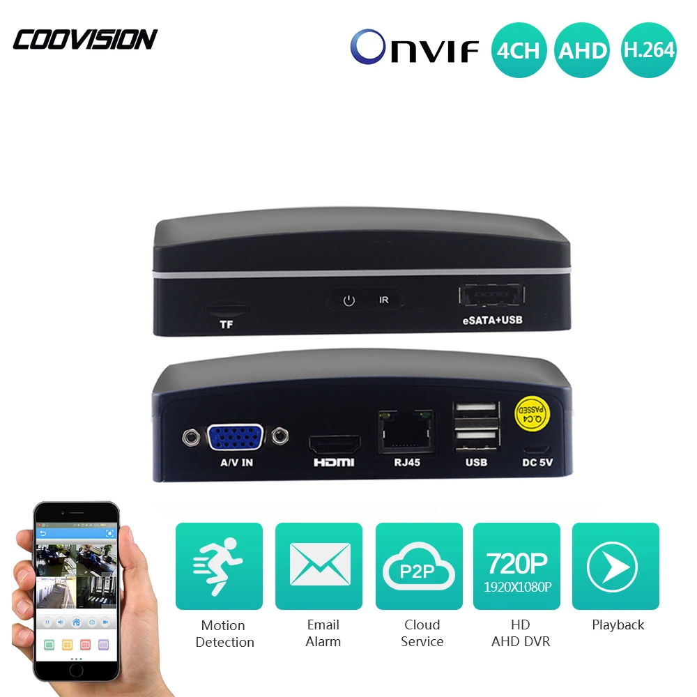 COOVISION 4 канальный Full Hd 1080N Xmeye H.264 AHD TVI CVI CVBS IP видеонаблюдения 5 в 1 Гибридный мини SD