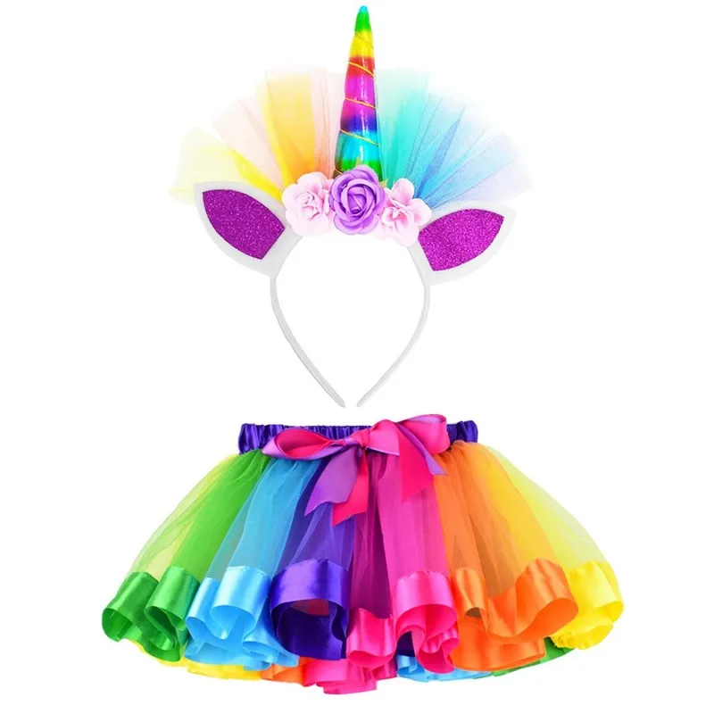 

New Kid Baby Girls Rainbow Tutu Skirt Unicorn Headband 2Pcs Photo Prop Costume Outfits Party Shows Perform Skirt 1-8T