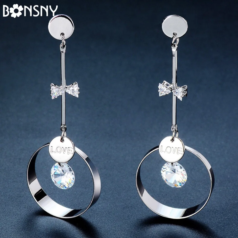 

Bonsny Silverstone Bowknot Ring Letter Cubic Zircon Earrings Stud Drop Zirconia Charms For Women Girl Teen Fashion Jewelry Gifts
