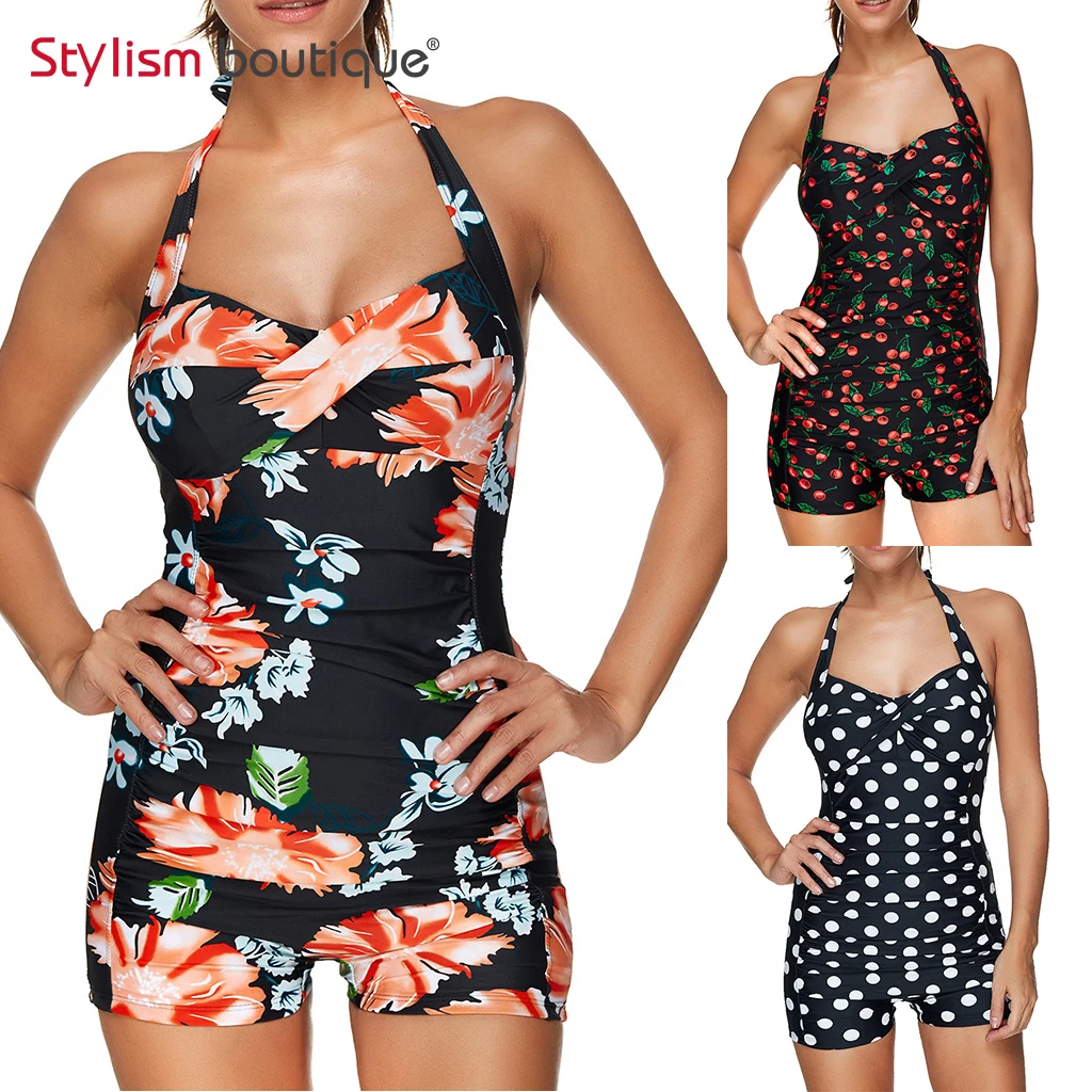 

2018 Swimming Suit For Women Dotted Halter One Piece Swimsuit Sport Swimwear Female Floral Printed Bathing Suit Maillot