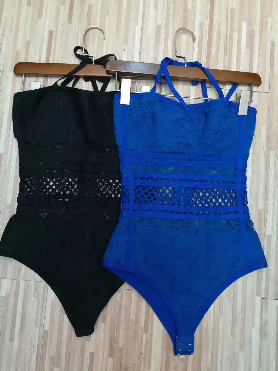 

High Quality Blue Black Lace Hollow Out Bodycon Rayon Bandage Bodysuit Sexy Bodycon Swimsuit