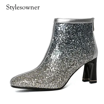 

Stylesowner Spring Autumn Korean Style for Cool Girl Shining Boots High Heels Thick Bottom Sequined Cloth Fashion Bling Boots