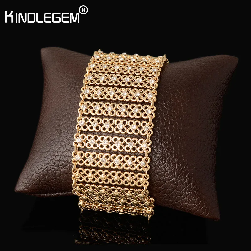 

Kindlegem New Fashion Crystal Women Men's Big Bracelets Dubai Gold Color Cuff Bangles Party Wedding Gift Brand Jewelry 21CM