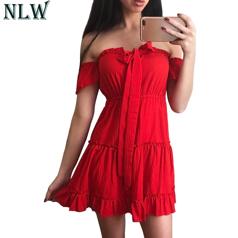 NLW женское красное летнее платье с рюшами Vestidos 2019 открытыми плечами открытой