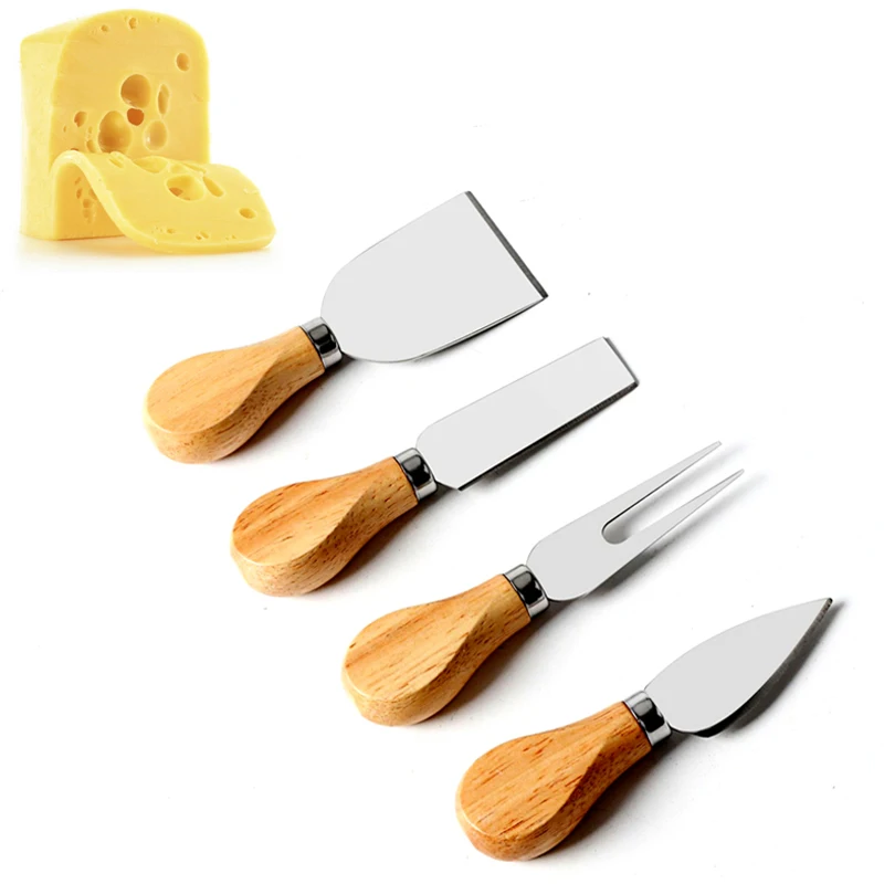4pcs European Cheese Knife Set Tableware Stainless Steel + OAK Handle
