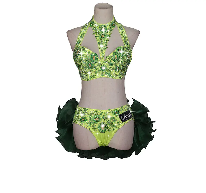 

Rhinestone Jazz Dance Costume Women Latin Dance Salsa Dress Jumpsuit Green Embroidery High Slit Sexy Performance Clothing