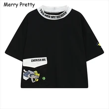 Merry Pretty, женские футболки, Мультяшные буквы, вышивка, Женская хлопковая футболка, короткий рукав, женский стиль Harajuku, Осенние топы, футболки