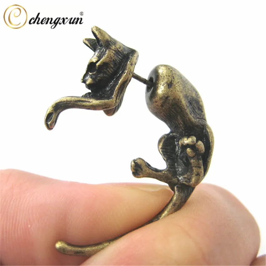 

CHENGXUN 1 Pair Retro Animal Post Stud Earrings Fake Gauge Realistic Big Kitty Cat Pet Plug Ear Piercing in Black Brass