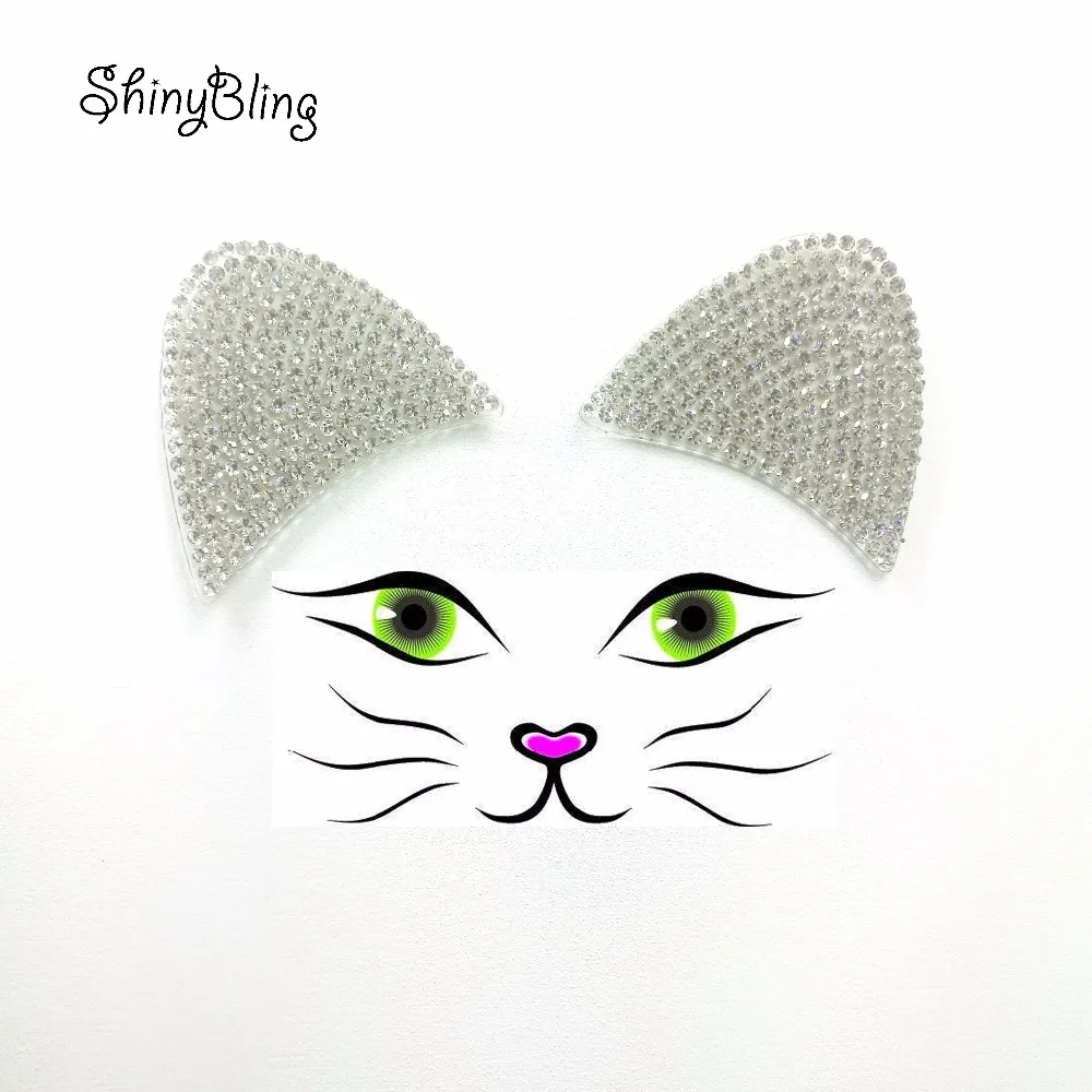

2 pcs White Hot fix Rhinestone Cat Ear Motif Iron on Crystal Patch Badage Children Women Clothes Bride Wedding Dress Accessories