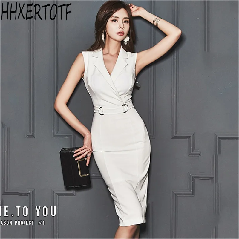 

Office Wear Pencil Dress Women 2019 Summer Sexy White Sheath Dresses Notched Neck Business Casual Bodycon Vestidos