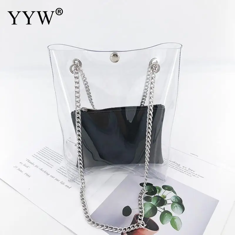 

Large Capacity Chain Shoulder Bags Women Soft Surface PVC Summer Casual Tote Bag Unlined Transparent Handbags Female Fashion