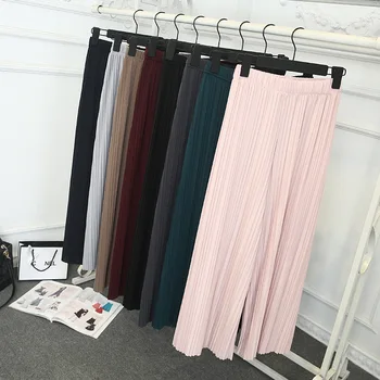 

Women Pant Pleated Chiffon Wide Leg Pants Female Summer 2019 High Waist Loose Ankle-length Pants Korean Fashion Casual Trousers