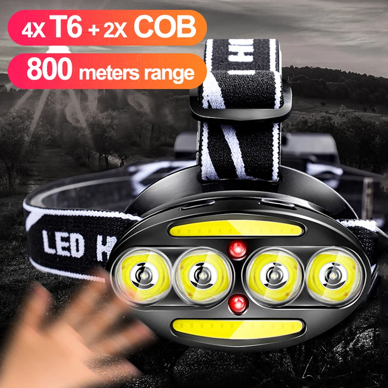 T6 + COB светодиодный налобный фонарь с датчиком фары 40000lm 18650 перезаряжаемый для