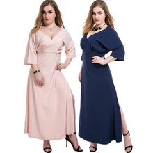 Лето Для женщин однотонные Длинные платья Плюс Размеры 4XL 5XL 6XL 7XL сбоку Разделение Половина рукава Макси платья Элегантное платье для женщин с v-образным вырезом Vestidos W549