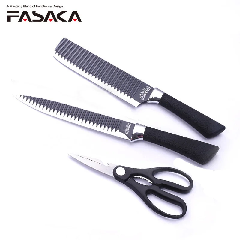 

FASAKA Stainless Steel Kitchen Knives Set 3pcs 7" Small Cleaver 8'' Carving Knife Multi-functional Scissor Non-stick Accessories