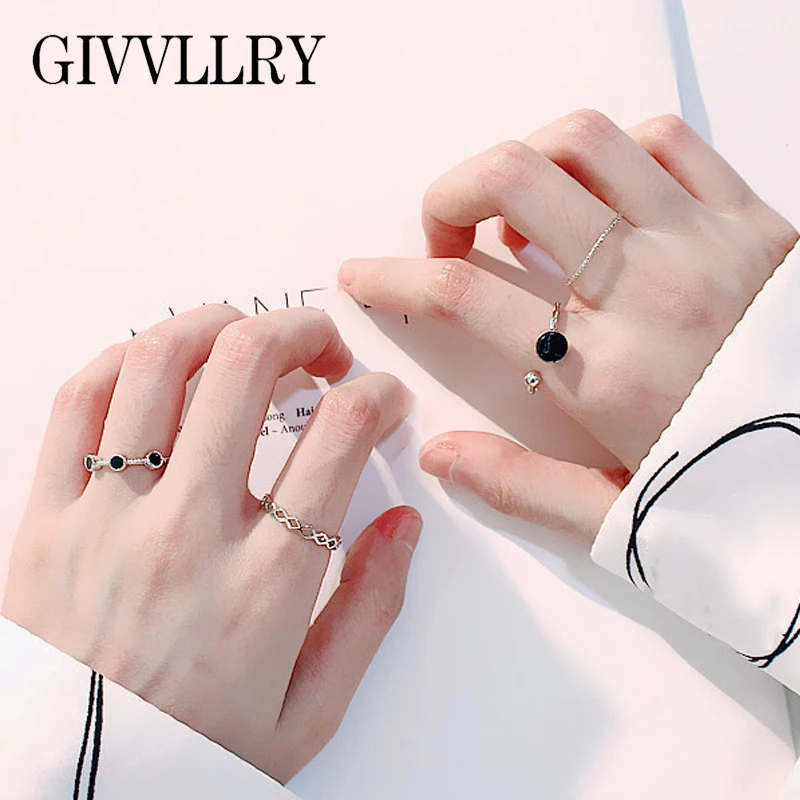 

GIVVLLRY Minimalist Geometric Silver Rings Fashion Knuckle Jewelry Vintage Chic Punk Black Resin Stone Open Rings Set for Women