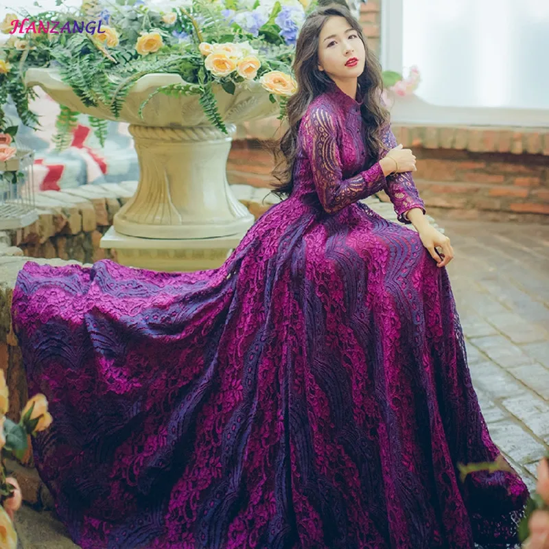 

HANZANGL Spring Summer Elegant Sexy Long Sleeve Stand Collar Lace Dress Retro Casual Party Long Dress