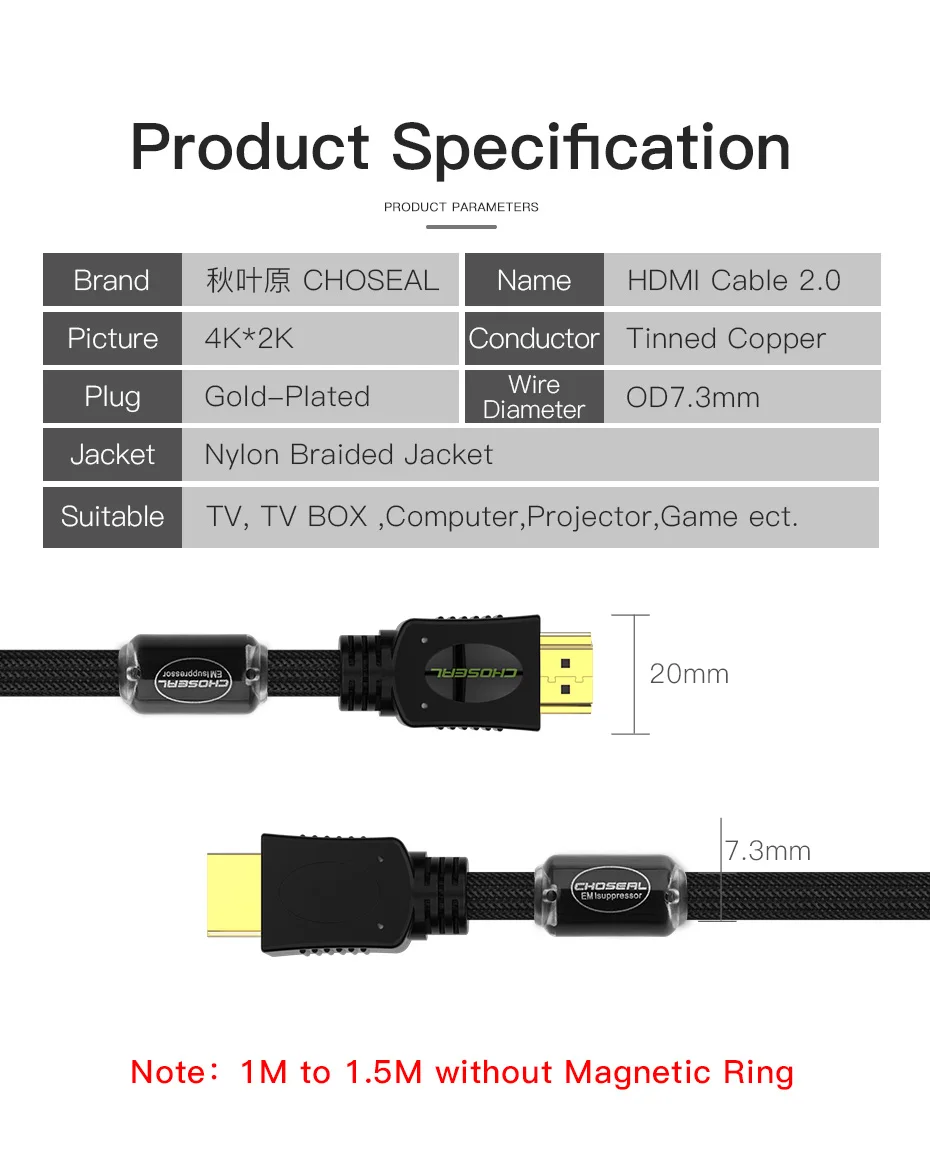 CHOSEAL HDMI кабель 2,0 4K 3D HDMI кабель для проектора Xiaomi PS4/PS3 приставка Blu-Ray плеер ТВ 1 м 2 м 3 м 5 м HDMI шнур