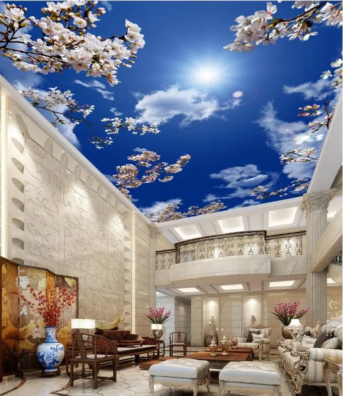 Us 16 74 52 Off Hd Beautiful Cherry Blue Sky And White Clouds Wallpaper 3d Sky Ceiling Wallpaper Living Room Restaurant Hotel Decor 3d Ceiling In