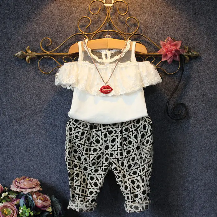 

2PCS Baby Toddler Girls Kids Clothes Summer Cute Fashion Lace Floral Tops + Check Pants Outfits Brief New Clothes Set 2 3 4 5 6Y