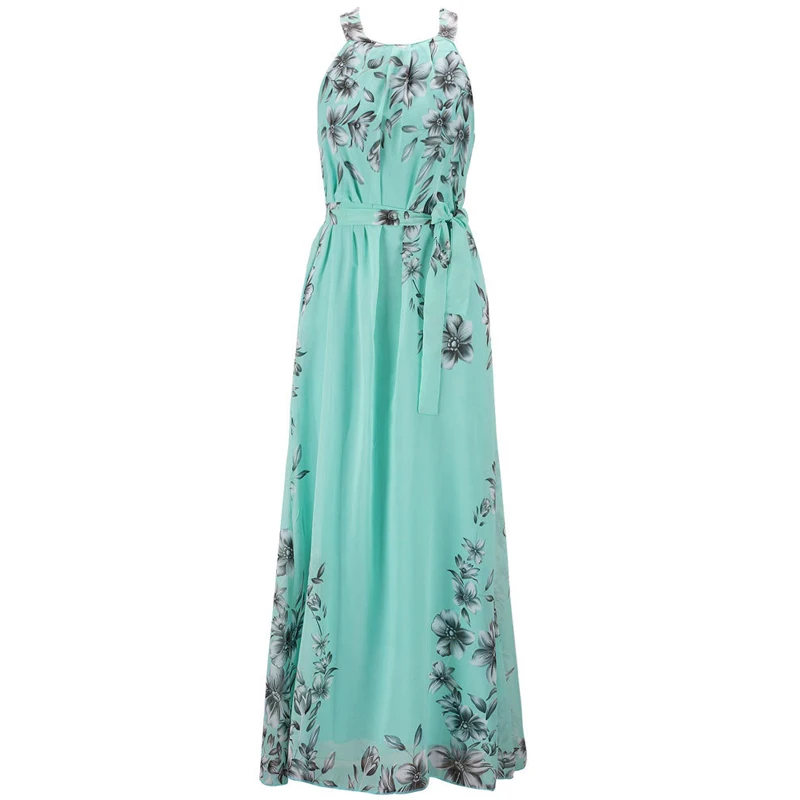 

Women Bohemian Floral Print Chiffon Long Dress Strap O-neck Sashes Maxi Dresses Summer Fashion Vacation Dress Plus Size wz060
